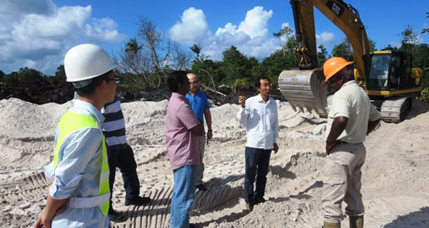 Minister of Public Works and Transport, Robeson Benn, CJIA’s Chief Executive Officer, Ramesh Ghir; other airport officials and CHEC Engineers on a site visit recently