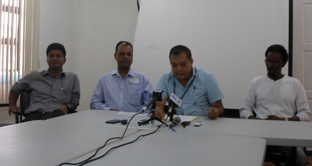 ‘GPHC TOP BRASS CLEARS AIR’:  From left are Dr. Navin Rambaran, Senior Registrar at GPHC; Dr. Sheik Amir, Director of Medical and Professional Services; CEO Mr. Michael Khan, and Mr. Keith Alonzo, Senior Departmental Supervisor/Ward Manager.