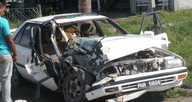 The badly damaged car after the accident at Walton Hall public road on the Essequibo Coast.