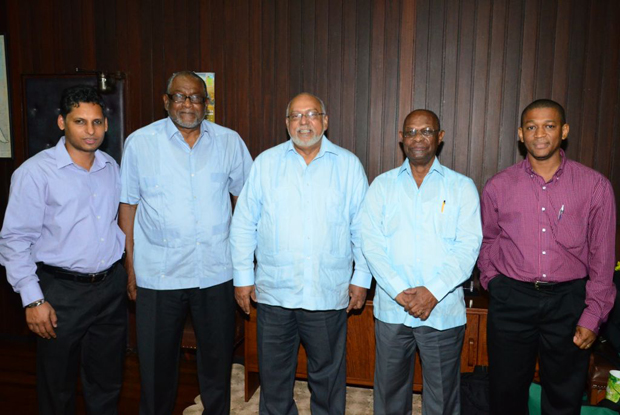 From left, Head of the Office of Climate Change Shyam Nokta; Deputy Director and Scientific Adviser of the Caribbean Community Climate Change Centre (CCCCC) Dr. Neville Trotz; President Donald Ramotar; Executive Director CCCC Dr. Kenrick Leslie, and Technical Specialist Dr. Mark Bynoe.