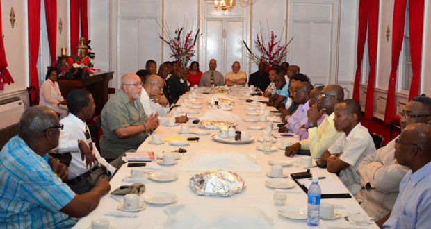 His Excellency President Donald Ramotar yesterday met with key stakeholders from the Private Sector and the Christian religious community, in separate meetings at Office of the President and later at State House, to update them on Guyana’s situation in relation to the Anti-Money Laundering and Countering the Financing of Terrorism (AML/CFT) Bill. (Sandra Prince photos)