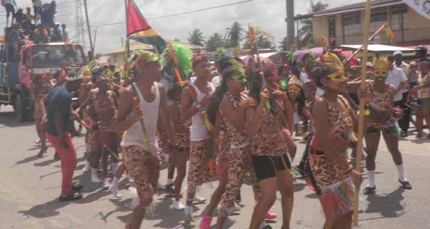 Students of the Essequibo Technical Institute revelling on the public road during Sunday’s float parade
