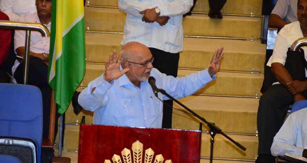 President Donald Ramotar speaking at the Guyana International Conference Centre (GICC), yesterday, during the national consultation on the critically important AML/CFT Bill