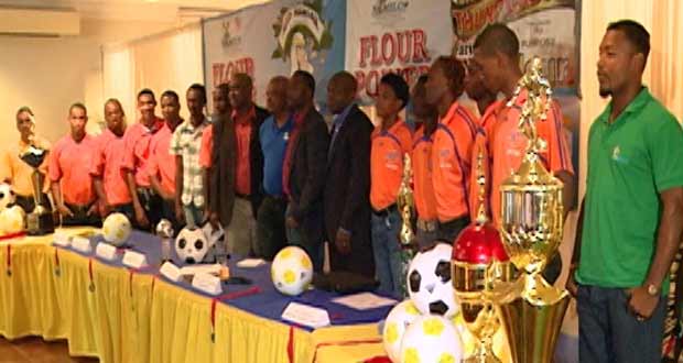 NAMILCO executives in company with GFF president Christopher Matthias, Fruta Conquerors president Wayne Forde and footballers from the Fruta Conquerors team at Friday’s launch.