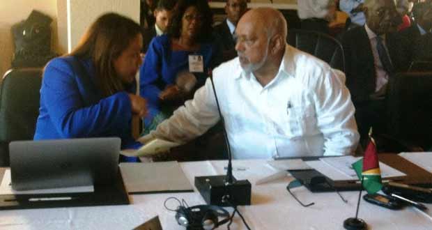 President Donald Ramotar and Foreign Affairs Minister Carolyn Rodrigues-Birkett at the CARICOM Heads of Government Inter-sessional meeting in St Vincent and the Grenadines