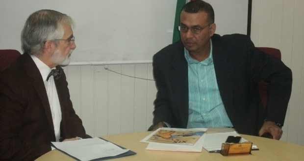 Minister of Natural Resources and the Environment, Robert Persaud and Mexican Ambassador to Guyana, Francisco Olguin during a discussion at the Ministry of Natural Resources and the Environment