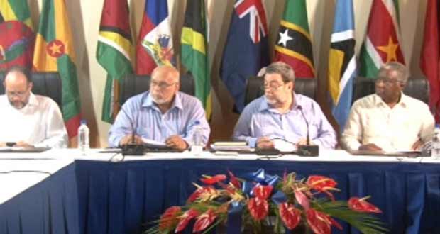 CARICOM Chairman and St Vincent and the Grenadines Prime Minister Dr. Ralph Gonsalves speaking at a press conference after the 25th CARICOM Heads Inter-sessional meeting. Also in photo are, from left, Secretary General of CARICOM Irwin LaRocque, Guyana’s President Donald Ramotar and Barbados Prime Minister Dr Freundel Stuart