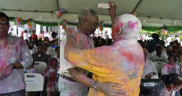President Donald Ramotar and Opposition Leader David Granger participate in the Holi celebrations at the Indian Cultural Centre