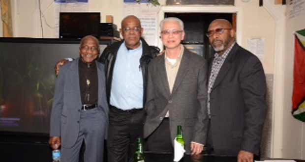 In photo, from left, former Guyana cycling stars Dennis Phillips, Victor Rutherford, Terry Chee and Neville Hunte strike a pose at the Reunion and Fundraiser that was held recently at the Woodbine Ballroom in Brooklyn.