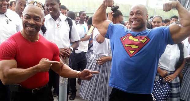 Even Hugh Ross himself is thrilled at seeing IFBB Pro Jeff Beckham after he makes a visit to Chase Academy yesterday. Beckham is in Guyana as a Guest Poser at the fourth Hugh Ross Classic set for this weekend.