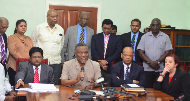 Governmanet MPs at last night's press conference. Seated from left are Finance Minister Dr. Ashni Singh, Prime Minister Samuel Hinds, Home Affairs Minister and PPP General Secretary Clement Rohee, and Government Chief Whip and Presidential Advisor on Governance Gail Teixiera. (Adrian Narine photo)