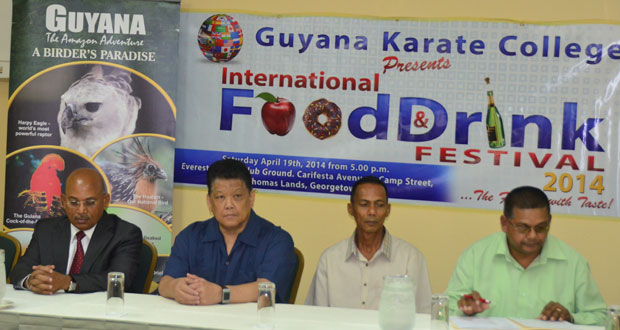 FOOD-FEST MEET: Seated from left are Acting High Commissioner of India to Guyana,  Mr Tirath Singh; Chairman of the Guyana Karate College,  Master Frank Woon-a-Tai; Guyana Karate College Vice-Chairman, Mr Jeffery Wong; and Director of the Guyana Tourism Authority,  Mr.  Indranauth Haralsingh