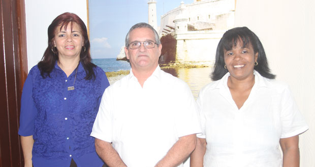 L-R Head of the Cuban medical Brigade Dr. Midalys Otero Hernandez, Ambassador of Cuba to Guyana Julio Cesar Gonzalez Marchante and Professor Mercedes Vasallo Zulveta (Sonell Nelson photo)