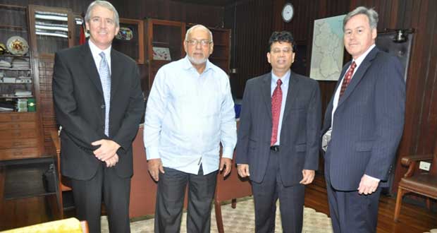 ATN’s President of International Operations, Paul Bowersock, President Donald Ramotar, GT&T’s Chief Executive Officer, Radha Krishna Sharma and ATN’s Vice President for Government and Regulatory Affairs Douglas Minster, yesterday. (GINA photo)