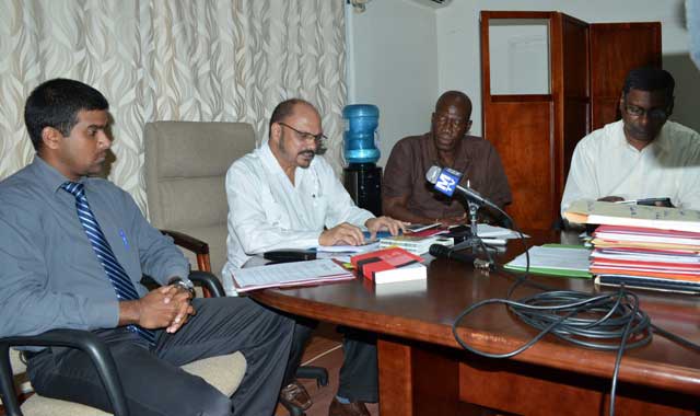 ‘MEDIA UPDATE’: From left, Head of Vector Control Services, Dr. Reyaud Rahman; Minister of Health, Dr. Bheri Ramsaran; Health Ministry’s Permanent Secretary, Mr.  Leslie Cadogan and   Chief Medical Officer, Dr. Shamdeo Persaud