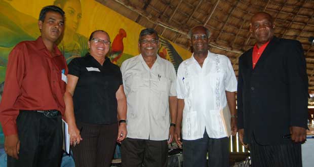 At the NAACIE Delegates Conference: In photo, from left, are  NAACIE’s Mr Dawchan Nagasar and Ms. Muriel D’Aguiar; Labour Minister Dr. Nanda Gopaul; Mr. Ashton Chase and Mr Kenneth Joseph, General Secretary of NAACIE