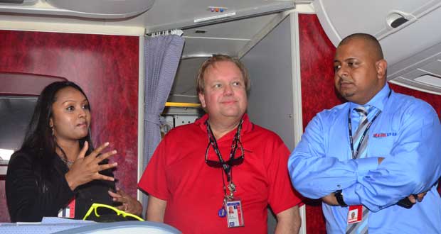 From left: Vanita Jagnarain - General Manager of TravelSpan Guyana;  Vision Airline’s Engineer - Alan Drozd; and David Goberdhan - Operations Manager of TravelSpan Guyana at the media briefing