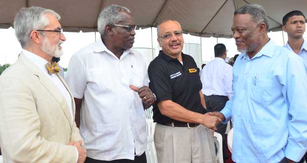From left,  Mexican Ambassador to Guyana Francisco Olguin; Minister of Public Works, Robeson Benn, CEO of Macorp Mr Jorge Medina and Prime Minister Samuel Hinds at the launch of the new D2 series hydraulic excavators at the company’s Providence, East Bank Demerara head office (Adrian Narine photos)