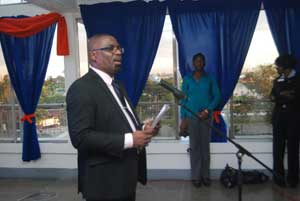 Director of PANCAP, Mr. Derrick Springer delivers the feature address at the ACP-GBCHA launch at DDL Building on Friday (Cullen Bess-Nelson photos) 
