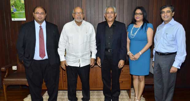 Members of the AHI and Marriott Hotel team during a courtesy call to President Donald Ramotar yesterday. From left, Chairman of AHI, Winston Brassington; President, Donald Ramotar; General Manager of the Marriott Hotel Guyana, Roberto Grisi; Company Secretary of AHI, Marcia Nadir-Sharma; and Area Vice President- South America, Rahul Vir