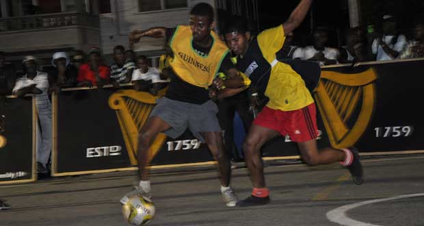 Part of Wednesday night’s action, where Futsal fans witnessed the quarter- and semi--final action in the second annual Banks DIH/Petra Organisation East Coast of Demerara Guinness ‘Greatest of De Streets’ Futsal competition.