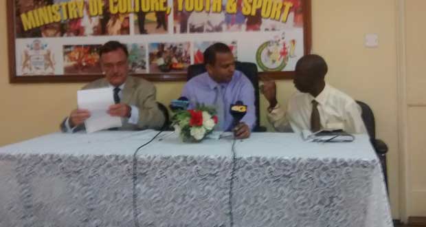 Argentina’s Ambassador to Guyana, Luis Alberto Martino and Guyana’s Culture, Youth and Sport Minister, Dr Frank Anthony  during a briefing Friday