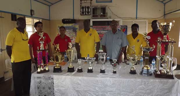 Director of Sport Neil Kumar (3rd from right) shares the head table at the launching along with from left Samuel Kingston, Russell Jadbeer, Telesha Ousman, Ian John, Inderjeet Persaud and Calvin Roberts of the Georgetown Softball Cricket League Inc.