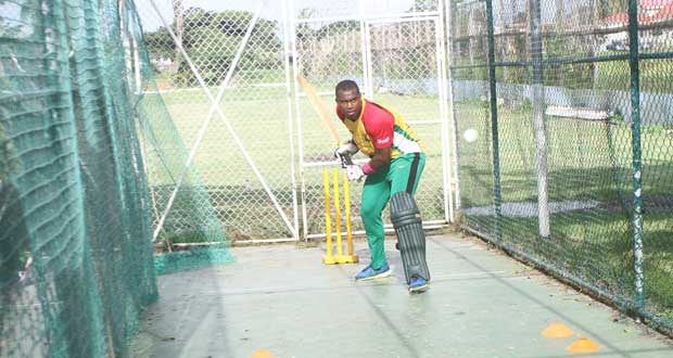 Guyana’s representative in this year’s Caribbean Single-Wicket Cricket Tournament and NAGICO Super50 skipper Christopher Barnwell gets ready to drive at a delivery in the indoor nets of the Gandhi Youth Organisation yesterday afternoon. (Photo by Sonell Nelson)
