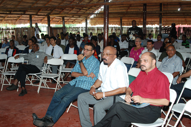From left are Minister of Natural Resources and the Environment, Robert Persaud alongside Minister of Local Government, Norman Whittaker and Minister of Health, Bheri Ramsaran among the audience at the panel discussion held by the Environmental Protection Agency