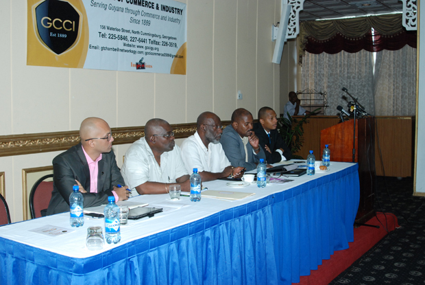 From left are: Senior Vice-President of the GCCI, Mr. Vishnu Doerga; Chief Elections Officer and Commissioner of National Registration of the Guyana Elections Commission (GECOM), Mr. Keith Lowenfield; GECOM Commissioner Mr. Vincent Alexander; President of the GCCI, Mr. Lance Hinds, and Immediate-Past President of the GCCI and Founder of BLUE Caps, Mr. Clinton Urling