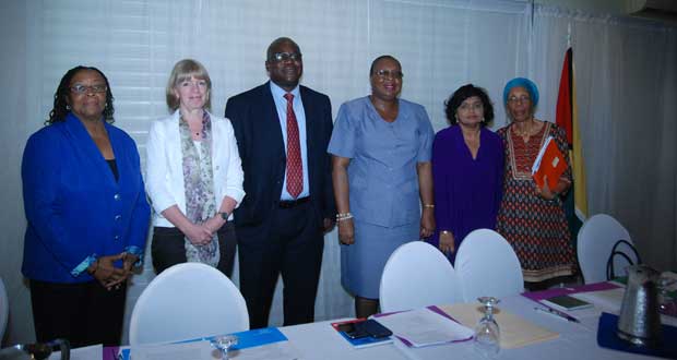 Project stakeholders from left are Dr Morella Joseph, Programme Manager of HFLE and the Development of the Caribbean Person; UNICEF Representative to Guyana, Marianne Flach; Chief Education Officer Olato Sam; Deputy Chief Education Officer (Administration), Donna Chapman; Chairperson, DCEO of Development, Doodmattie Singh; and programme facilitator Bonita Harris.