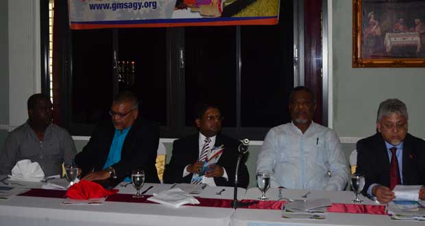 At the GMSA business luncheon Thursday: Seated from left are: Chairman of the Private Sector Commission, Mr. Ramesh Persaud; President of the Caribbean Association of Industry & Commerce, Mr. Ramesh Dookhoo; Finance Minister, Dr. Ashni Singh; Prime Minister, Mr. Samuel Hinds; and Trinidad and Tobago’s Planning and Sustainable Development Minister, Dr. Bhoendradatt Tewarie (Photo by Adrian Narine)