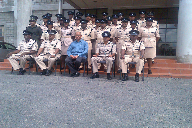 Minister Rohee, Force Training Officer Paul Williams, Commissioner Persaud and Assistant Commissioner, Balram Persaud with the 26 participants of the ongoing Junior Officers Course 25