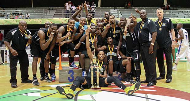 Bahamas celebrate their 2014 CBC title win after defeating Cuba 75-64 in the final.