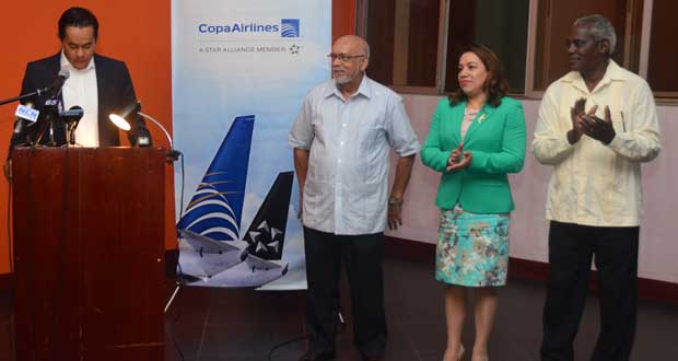 L-R Diego Bermudez Parra, COPA’s Regional Sales Manager for North America; President of Guyana, Donald Ramotar; Minister of Foreign Affairs, Carolyn Rodrigues-Birkett and Minister of Public Works, Robeson Benn (Adrian Narine photo)