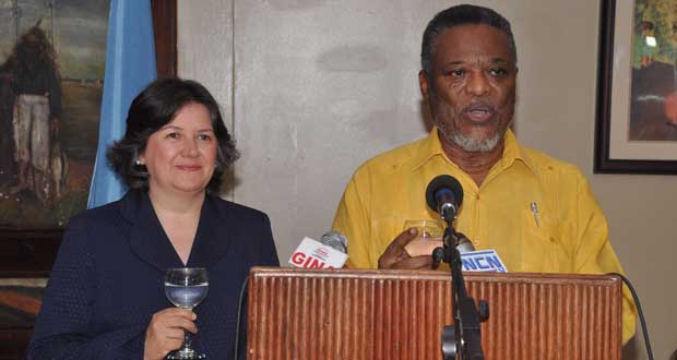 Prime Minister Samuel Hinds and visiting U.N. Assistant Secretary General/UNDP Regional Director for Latin America and the Caribbean, Ms Jessica Faieta propose toasts at the reception in her honour, last Thursday evening