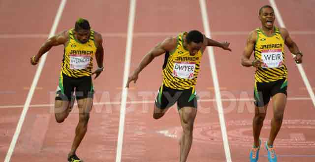 Jason Livermore, Rasheed Dwyer and Warren Weir from Jamaica in action during the men's 200m final at the 2014 Commonwealth Games in Glasgow. Rasheed Dwyer crossed the line first to take the gold medal.