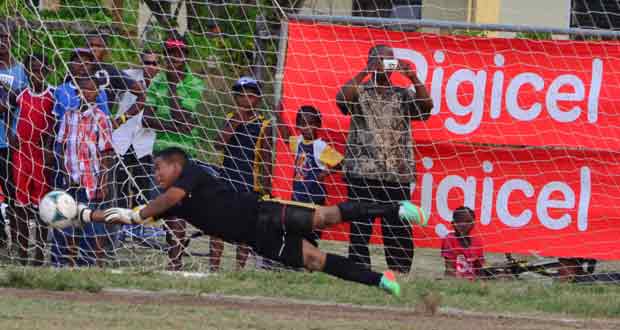 Waramadong captain Gerald Isaacs pulls off a beautiful save during the win in their semifinal over BV Secondary