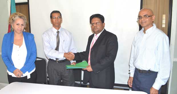 In photo are, from left,  IDB Country Representative Sophie Makonnen, Mr. John Tracey, Chief Executive Office of GBTI, Minister of Finance Dr. Ashni Singh, Vice President and Executive Director of Conservation International-Guyana Dr. David Singh.