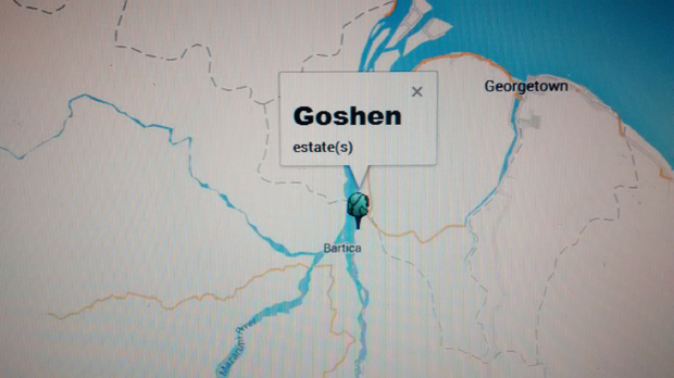 A Google map of Guyana showing the area of Goshen where the accident occurred