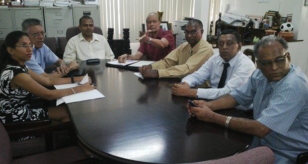 In this Sonell Nelson photo, Minister of Sport Dr Frank Anthony (third left) addresses members of the media shortly before members of the GHRA and the National Sports Commission (NSC) met with TTRA’s David Loregnard (third from right) to discuss the way forward. Others in photo are from left, NSC vice-chairman Vidushi Persdaud, NSC chairman Conrad plummer, GHRA president Vickram Oditt, GHRA’s Legal Adviser Rajendra Poonai and Director of Sport Neil Kumar.