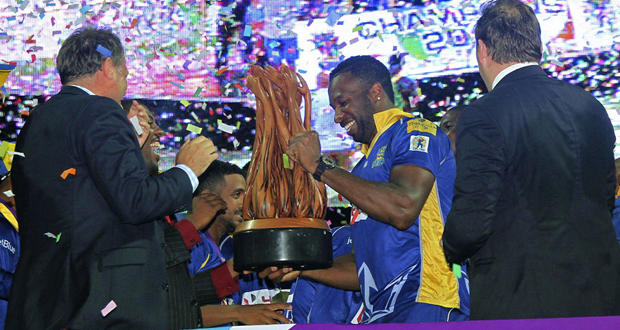 Barbados  Tridents captain Kieron Pollard with the CPL trophy after his team were declared winners on Saturday night in at Warner Park, St.Kitts.(Getty Images)