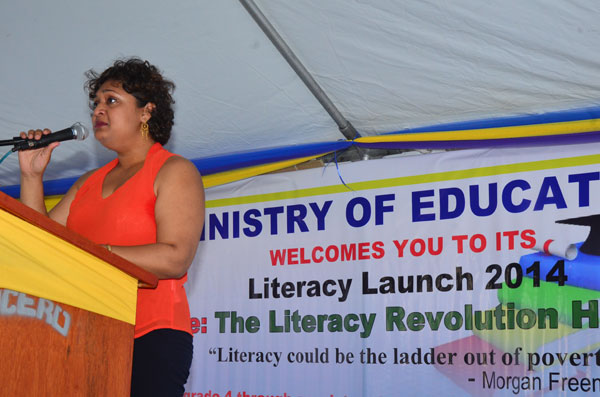 Education Minister, Priya Manickchand speaking at the launch of the Education Ministry’s five-year literacy strategic plan
