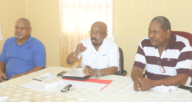 From left, Region 7 Regional Executive Officer, Mr. Peter Ramotar; Minister of Local Government and Regional Development, Mr. Norman Whittaker; and Bartica Interim Management Committee Chairman, Mr. Ovid Benjamin