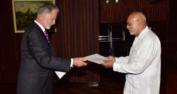 Chilean Ambassador, Fernando Scmith presents his Letters of Credence to President Donald Ramotar