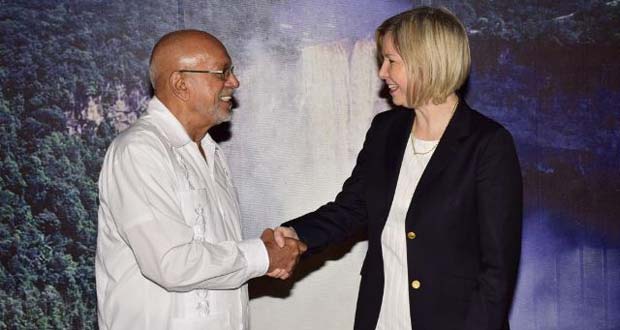 Swiss Ambassador, Sabine Ulmann Shaban greeting President Donald Ramotar