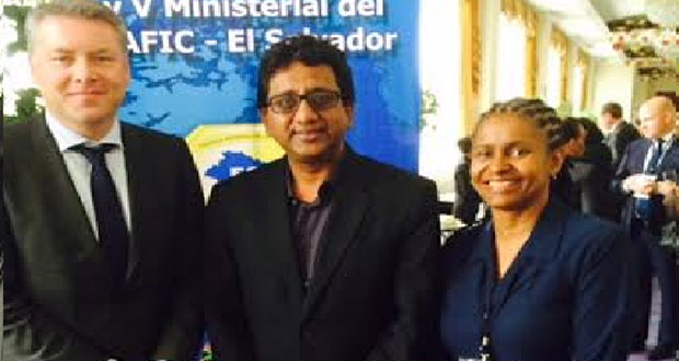 From left are FATF Administrator, Mr. Richard Berkhout; Attorney General and Minister of Legal Affairs, Anil Nandlall and CFATF’s Deputy Executive Director, Ms. Dawne Spicer at the meeting in San Salvador, El Salvador