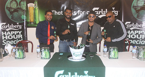 From left to right at the launch ceremony are Carlsberg Group Chief Financial Officer, Gavin Ramsoondar; CEO Irzad Zamal; Chutney sensation ‘KI’ and Trinidad’s DJ Sheriff