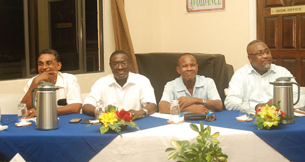 Stakeholders at the City Waste Management Consultation on Solid Waste Management held at Generation Next last week. Seated from left are  Rev. Dil Mohamed of  Kitty Assembly of God;  Rev. Winston Assanah of First Assembly of God;  Rev. Morris Grant, Head of the Guyana Council of Churches; and Rev. Murtland Raphael Massiah, Head of First Assembly of God.