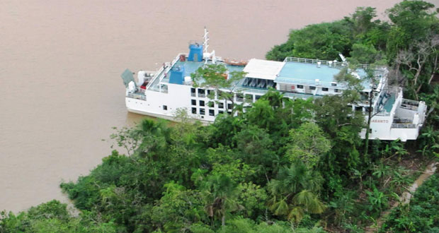 The MV SABANTO, ran hard aground at Wakenaam Island in the Essequibo River early on Monday morning while plying its Supenaam/Parika route
